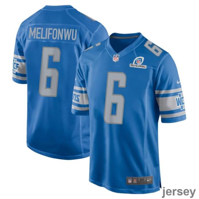 Ifeatu Melifonwu 6 Detroit Lions 2024 Divisional Patch Game Men Jersey - Blue