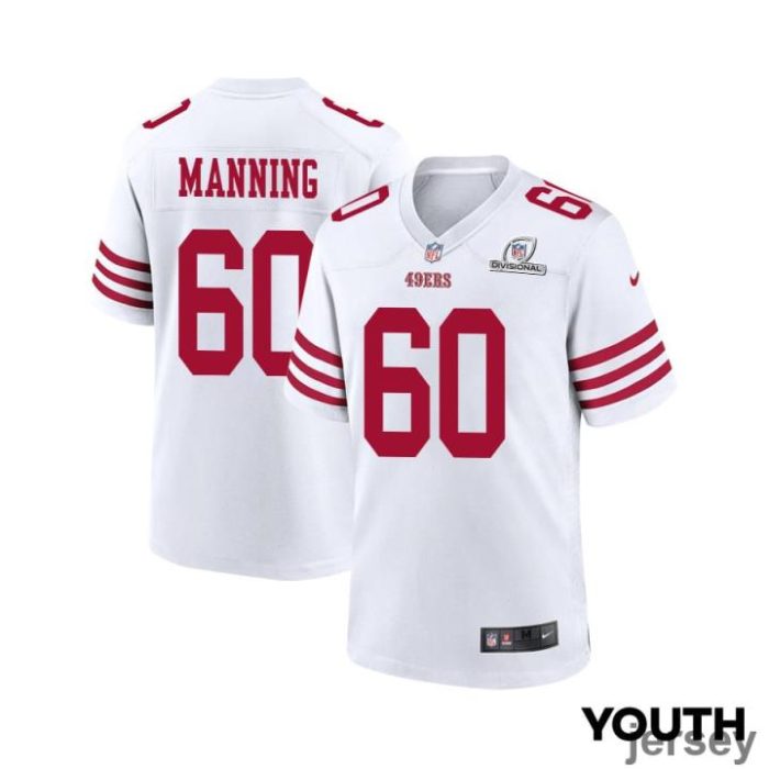 Ilm Manning 60 San Francisco 49ers 2024 Divisional Patch Game YOUTH Jersey - White