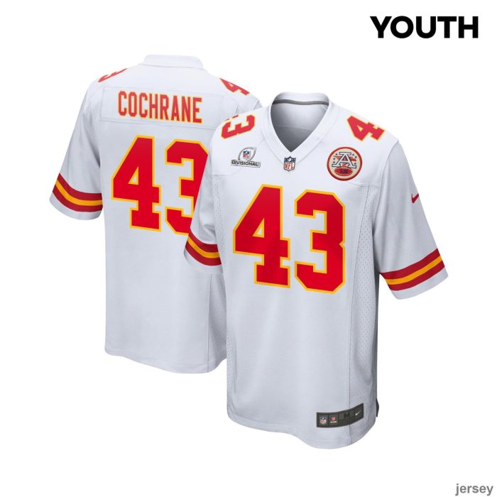 Jack Cochrane 43 Kansas City Chiefs 2024 Divisional Patch Game YOUTH Jersey - White