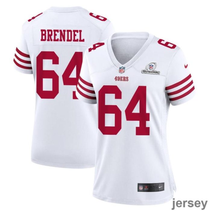 Jake Brendel 64 San Francisco 49ers 2024 Divisional Patch Game Women Jersey - White