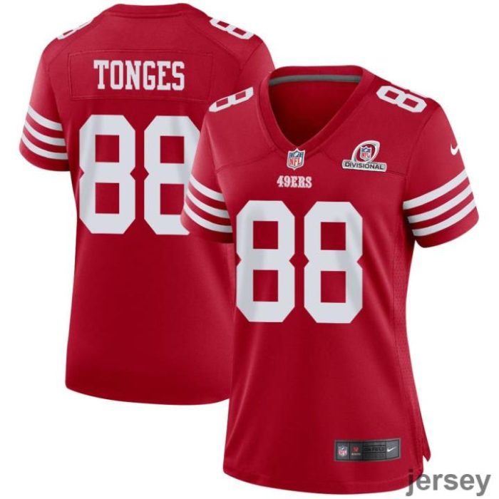 Jake Tonges 88 San Francisco 49ers 2024 Divisional Patch Game Women Jersey - Scarlet