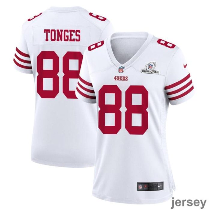 Jake Tonges 88 San Francisco 49ers 2024 Divisional Patch Game Women Jersey - White