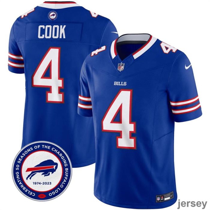 James Cook 4 Buffalo Bills 50th Charging Logo Patch Game Men Jersey - Royal