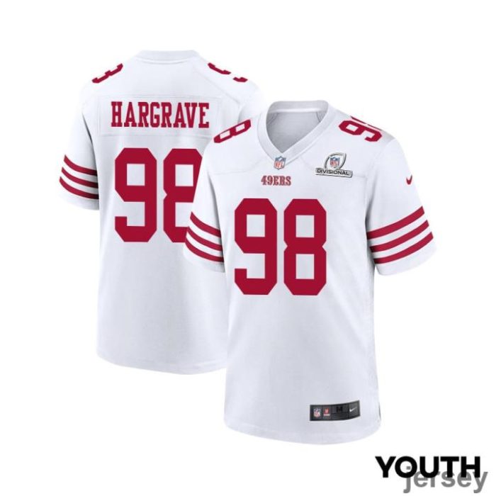 Javon Hargrave 98 San Francisco 49ers 2024 Divisional Patch Game YOUTH Jersey - White