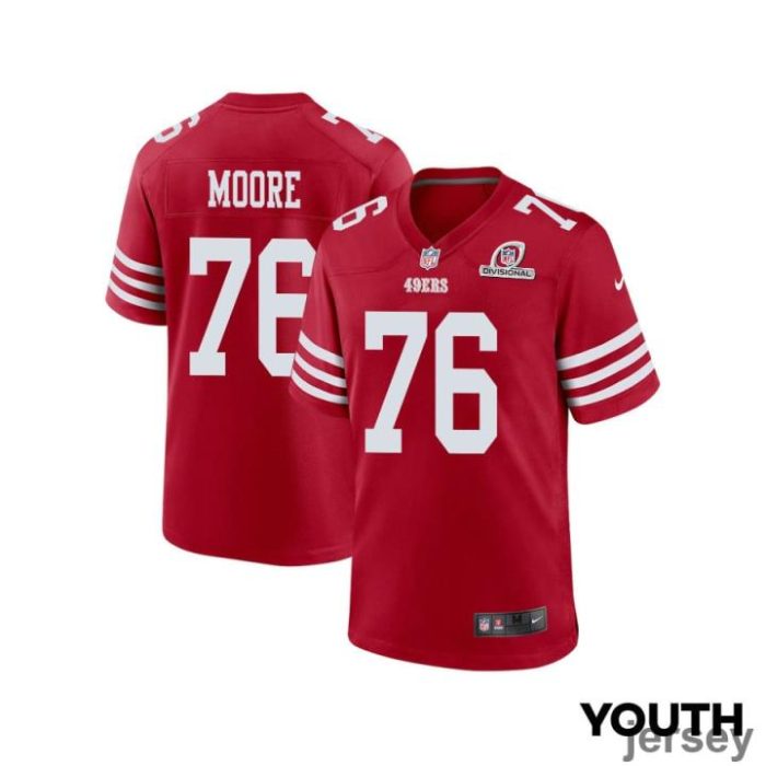 Jaylon Moore 76 San Francisco 49ers 2024 Divisional Patch Game YOUTH Jersey - Scarlet