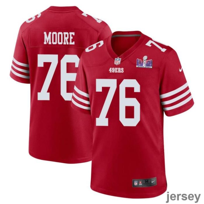 Jaylon Moore 76 San Francisco 49ers Super Bowl LVIII Patch Game Men Jersey - Scarlet