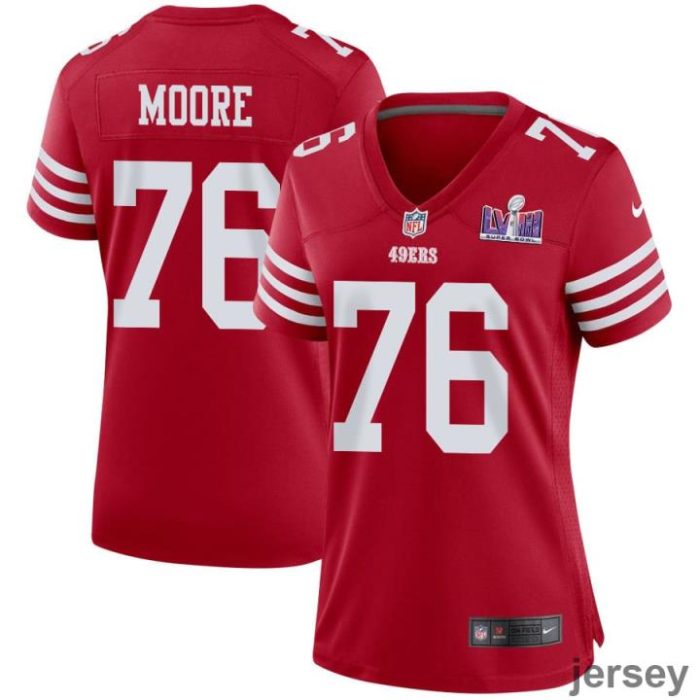 Jaylon Moore 76 San Francisco 49ers Super Bowl LVIII Patch Game Women Jersey - Scarlet