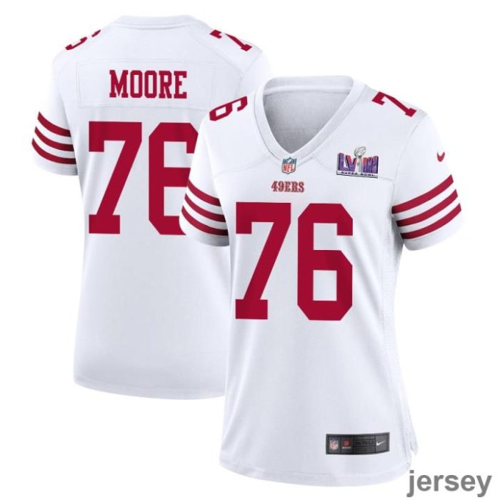 Jaylon Moore 76 San Francisco 49ers Super Bowl LVIII Patch Game Women Jersey - White