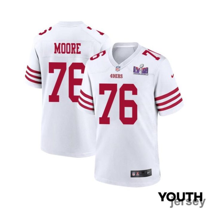 Jaylon Moore 76 San Francisco 49ers Super Bowl LVIII Patch Game YOUTH Jersey - White