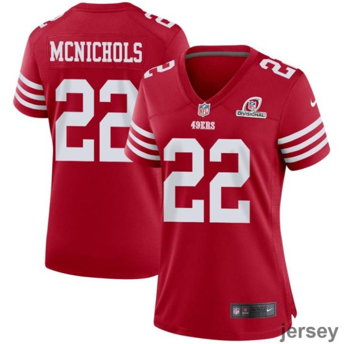 Jeremy McNichols 22 San Francisco 49ers 2024 Divisional Patch Game Women Jersey - Scarlet