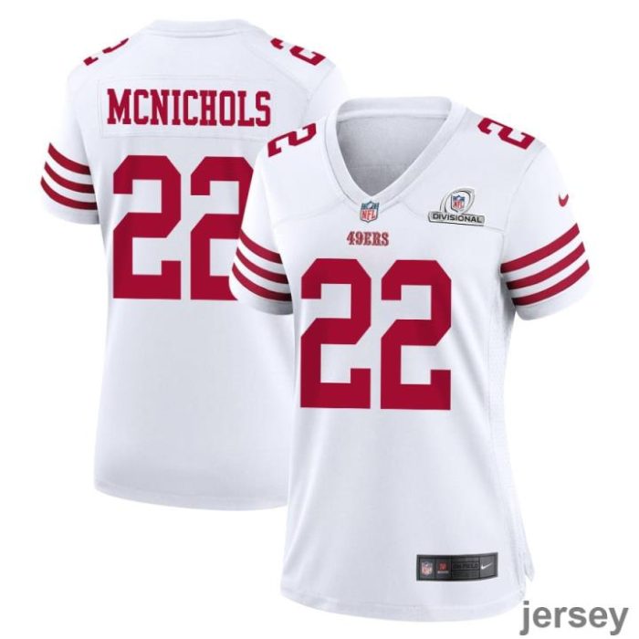 Jeremy McNichols 22 San Francisco 49ers 2024 Divisional Patch Game Women Jersey - White