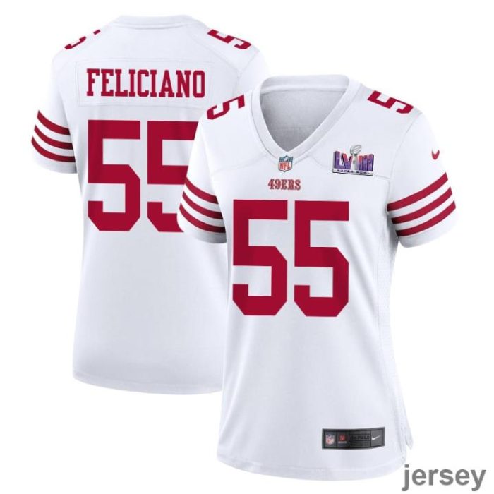 Jon Feliciano 55 San Francisco 49ers Super Bowl LVIII Patch Game Women Jersey - White