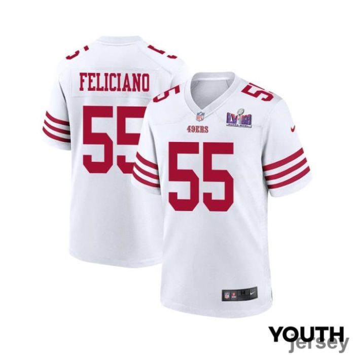 Jon Feliciano 55 San Francisco 49ers Super Bowl LVIII Patch Game YOUTH Jersey - White