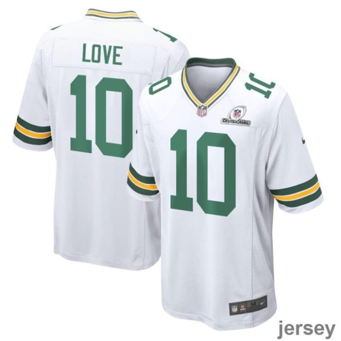 Jordan Love 10 Green Bay Packers 2024 Divisional Patch Game Men Jersey - White