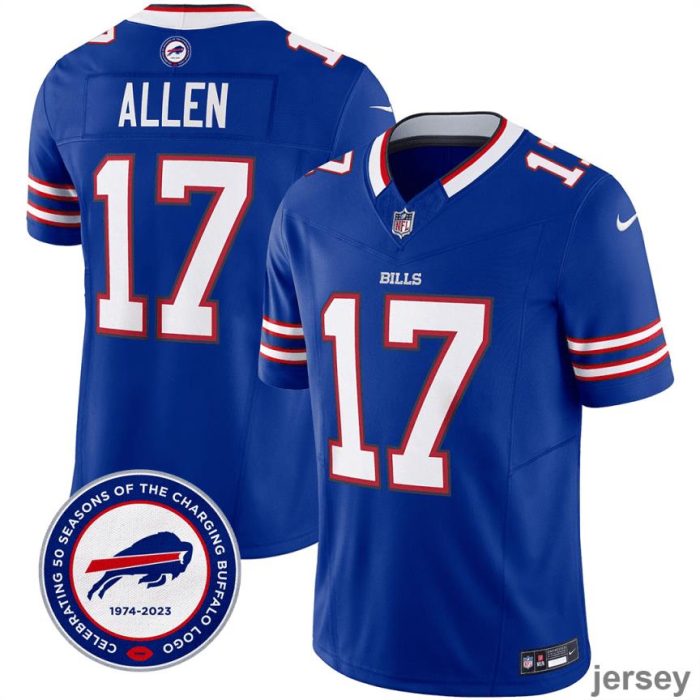 Josh Allen 17 Buffalo Bills 50th Charging Logo Patch Game Men Jersey - Royal