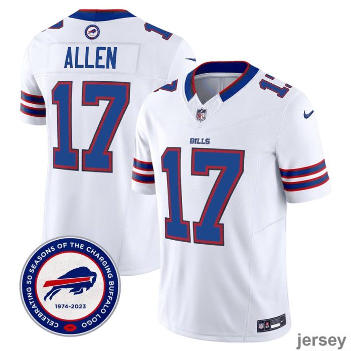 Josh Allen 17 Buffalo Bills 50th Charging Logo Patch Game Men Jersey - White