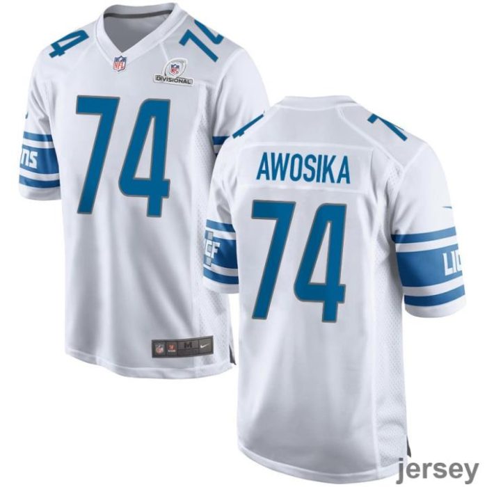 Kayode Awosika 74 Detroit Lions 2024 Divisional Patch Game Men Jersey - White