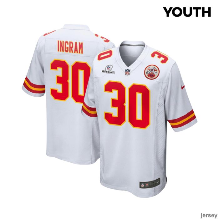 Keaontay Ingram 30 Kansas City Chiefs 2024 Divisional Patch Game YOUTH Jersey - White