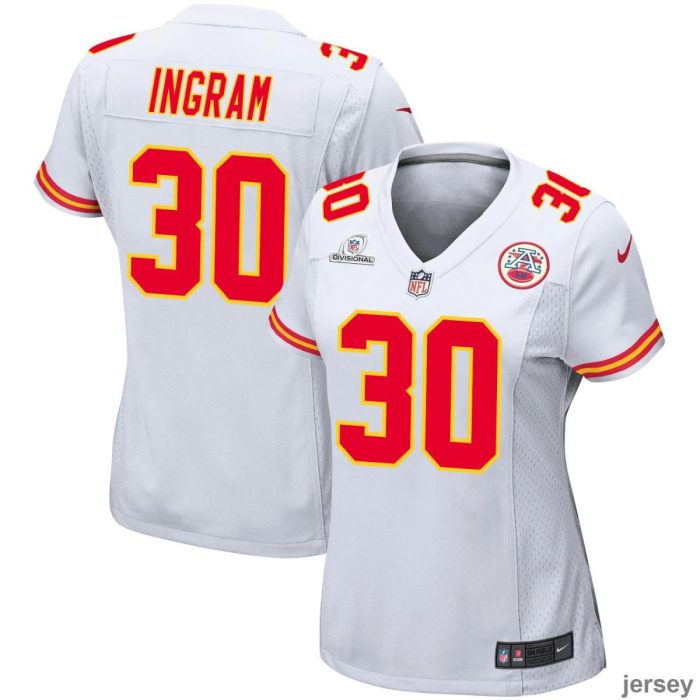 Keaontay Ingram 30 Kansas City Chiefs Super Bowl LVIII Patch Game Women Jersey - White