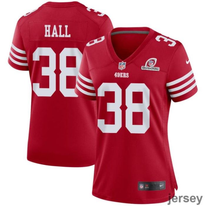 Kemon Hall 38 San Francisco 49ers 2024 Divisional Patch Game Women Jersey - Scarlet