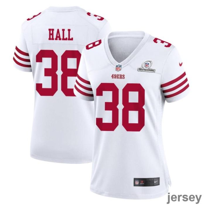 Kemon Hall 38 San Francisco 49ers 2024 Divisional Patch Game Women Jersey - White