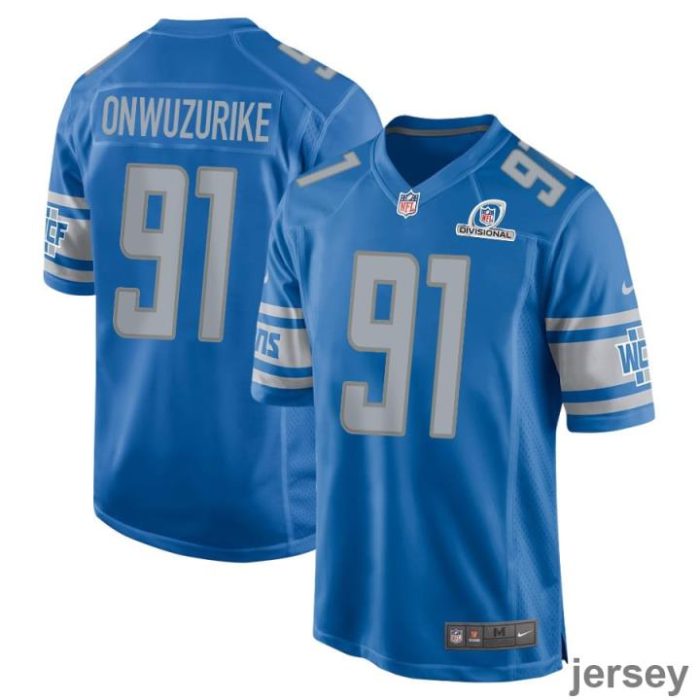 Levi Onwuzurike 91 Detroit Lions 2024 Divisional Patch Game Men Jersey - Blue