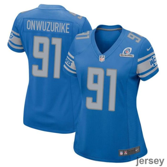 Levi Onwuzurike 91 Detroit Lions 2024 Divisional Patch Game Women Jersey - Blue