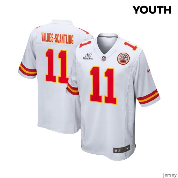 Marquez Valdes-Scantling 11 Kansas City Chiefs 2024 Divisional Patch Game YOUTH Jersey - White