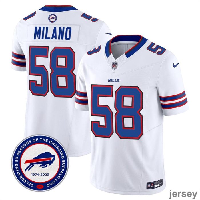 Matt Milano 58 Buffalo Bills 50th Charging Logo Patch Game Men Jersey - White