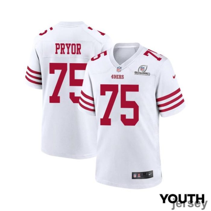 Matt Pryor 75 San Francisco 49ers 2024 Divisional Patch Game YOUTH Jersey - White