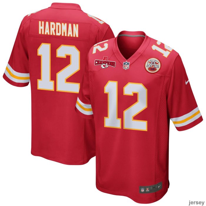 Mecole Hardman 12 Kansas City Chiefs AFC Champions Patch Game Men Jersey - Red