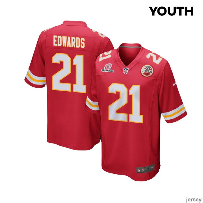 Mike Edwards 21 Kansas City Chiefs 2024 Divisional Patch Game YOUTH Jersey - Red