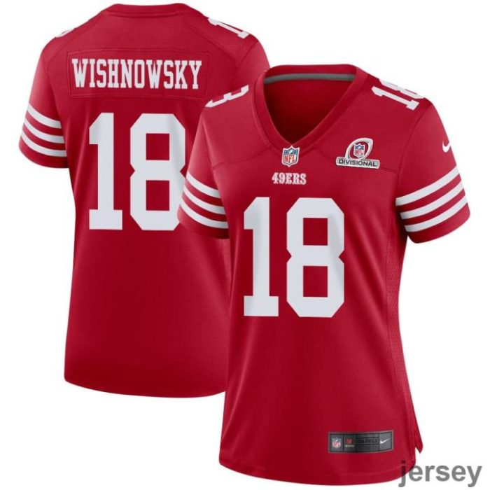 Mitch Wishnowsky 18 San Francisco 49ers 2024 Divisional Patch Game Women Jersey - Scarlet