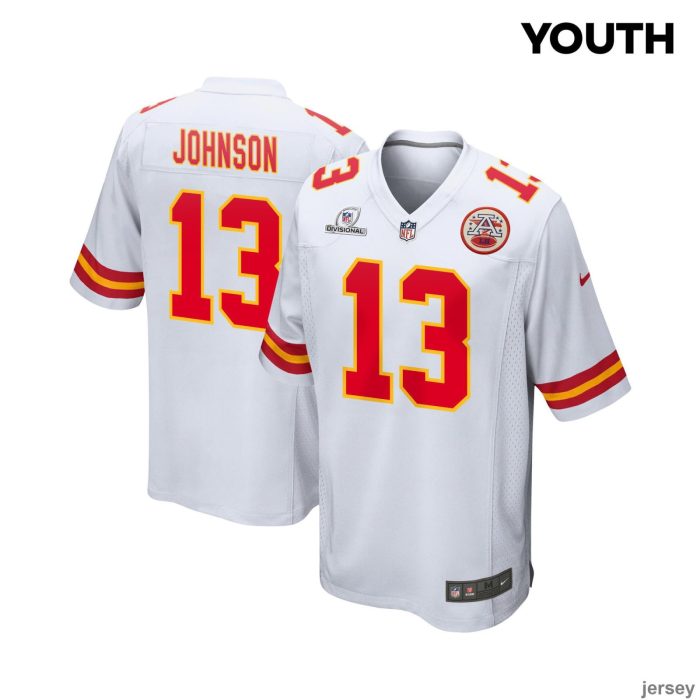 Nazeeh Johnson 13 Kansas City Chiefs 2024 Divisional Patch Game YOUTH Jersey - White