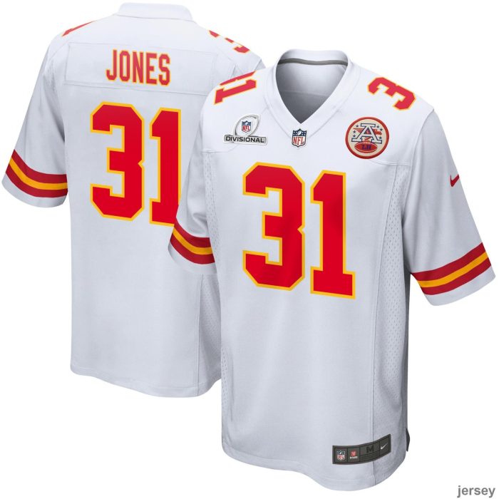 Nic Jones 31 Kansas City Chiefs 2024 Divisional Patch Game Men Jersey - White