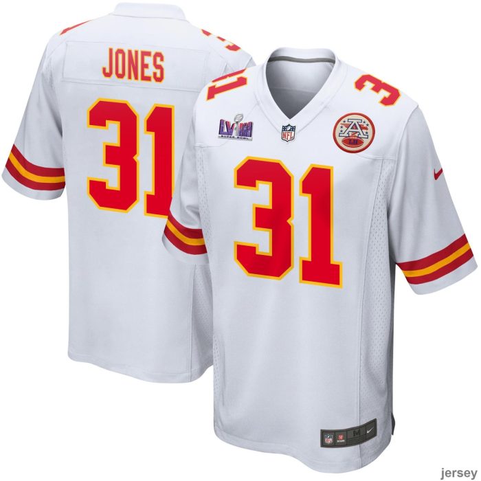 Nic Jones 31 Kansas City Chiefs Super Bowl LVIII Patch Game Men Jersey - White