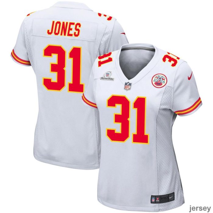 Nic Jones 31 Kansas City Chiefs Super Bowl LVIII Patch Game Women Jersey - White