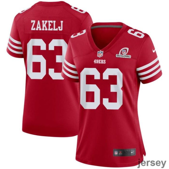 Nick Zakelj 63 San Francisco 49ers 2024 Divisional Patch Game Women Jersey - Scarlet