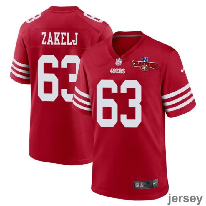 Nick Zakelj 63 San Francisco 49ers NFC Champions Patch Game Men Jersey - Scarlet