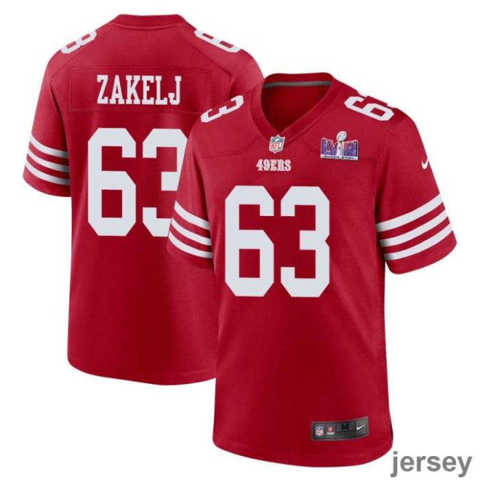 Nick Zakelj 63 San Francisco 49ers Super Bowl LVIII Patch Game Men Jersey - Scarlet