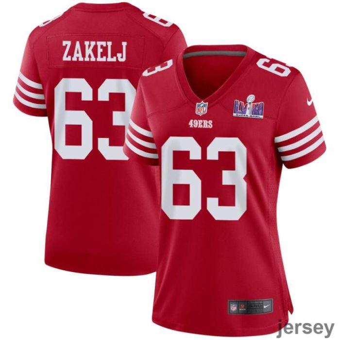 Nick Zakelj 63 San Francisco 49ers Super Bowl LVIII Patch Game Women Jersey - Scarlet