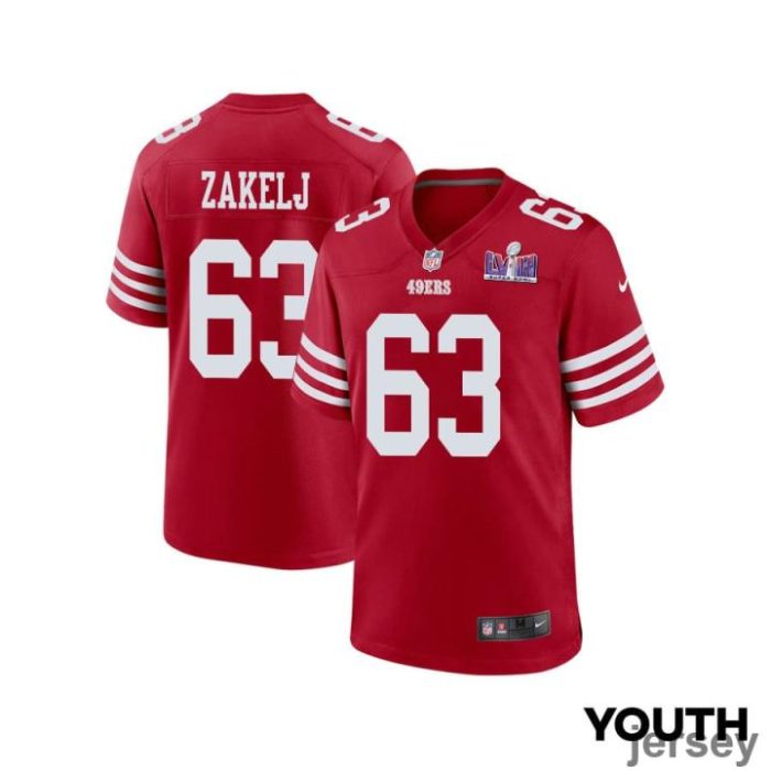 Nick Zakelj 63 San Francisco 49ers Super Bowl LVIII Patch Game YOUTH Jersey - Scarlet