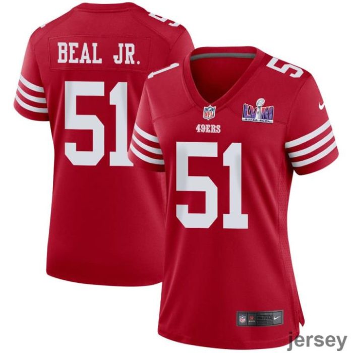 Robert Beal Jr. 51 San Francisco 49ers Super Bowl LVIII Patch Game Women Jersey - Scarlet