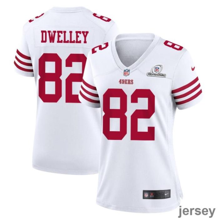 Ross Dwelley 82 San Francisco 49ers 2024 Divisional Patch Game Women Jersey - White