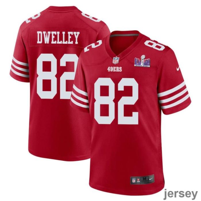 Ross Dwelley 82 San Francisco 49ers Super Bowl LVIII Patch Game Men Jersey - Scarlet