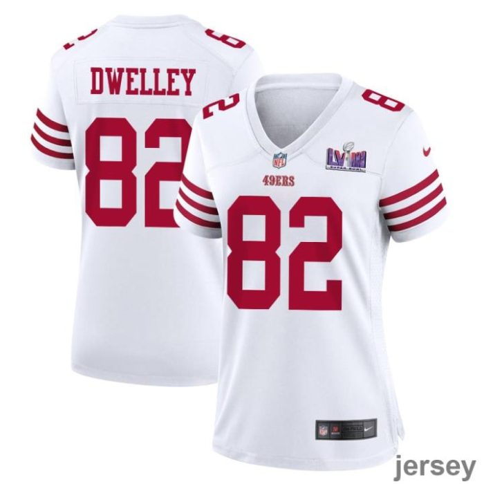 Ross Dwelley 82 San Francisco 49ers Super Bowl LVIII Patch Game Women Jersey - White