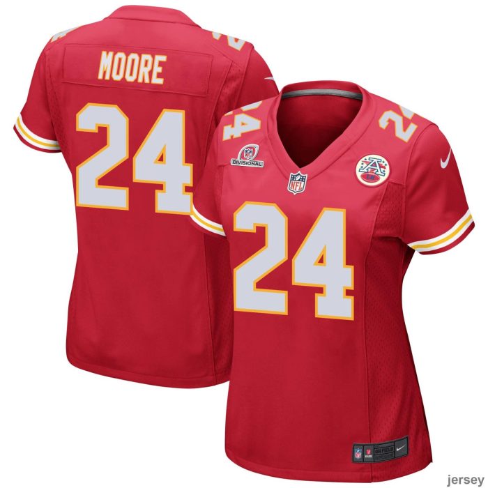 Skyy Moore 24 Kansas City Chiefs 2024 Divisional Patch Game Women Jersey - Red