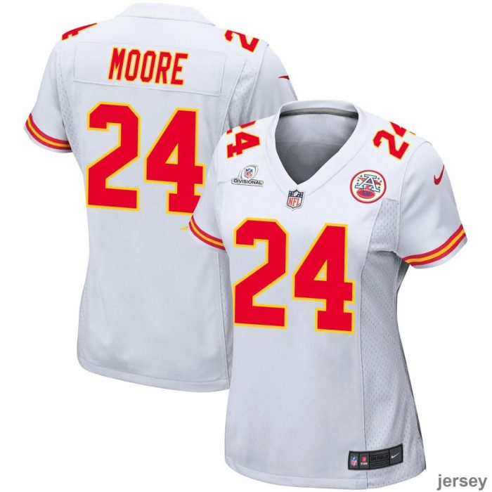 Skyy Moore 24 Kansas City Chiefs Super Bowl LVIII Patch Game Women Jersey - White