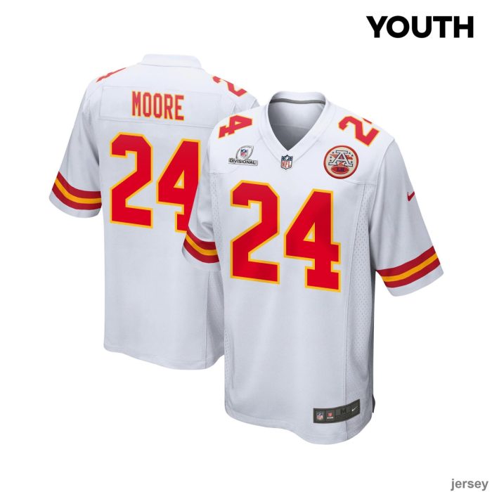 Skyy Moore 24 Kansas City Chiefs Super Bowl LVIII Patch Game YOUTH Jersey - White