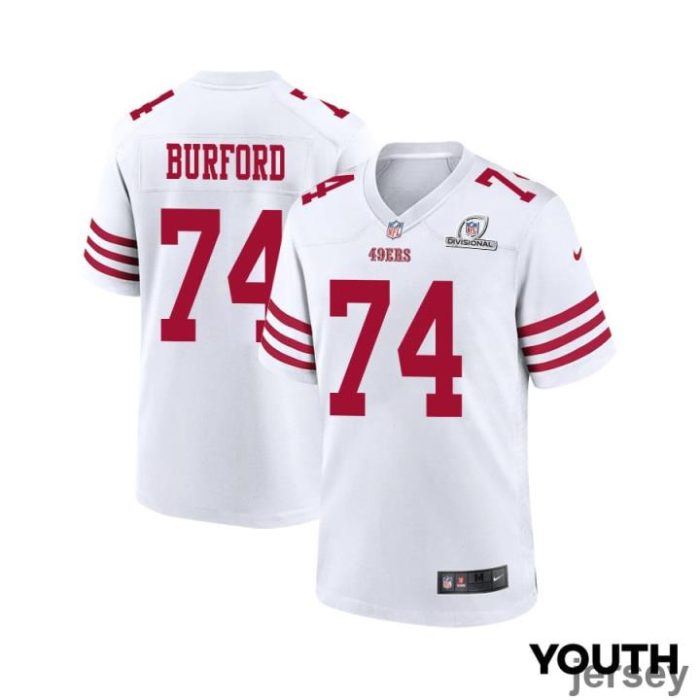 Spencer Burford 74 San Francisco 49ers 2024 Divisional Patch Game YOUTH Jersey - White